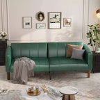Faux Leather Futon Sofa Bed, Black/Green, Mid-Century Style, Seats 4, Converts to Twin Sleeper