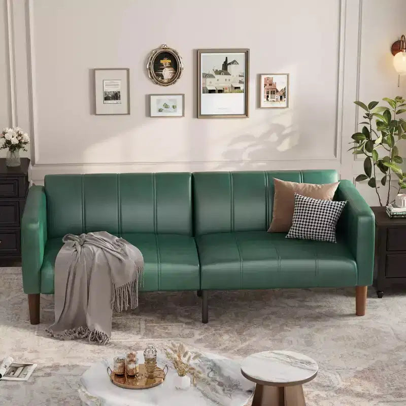 Faux Leather Futon Sofa Bed, Black/Green, Mid-Century Style, Seats 4, Converts to Twin Sleeper