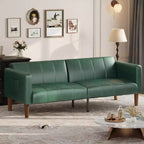 Faux Leather Futon Sofa Bed, Black/Green, Mid-Century Style, Seats 4, Converts to Twin Sleeper