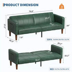 Faux Leather Futon Sofa Bed, Black/Green, Mid-Century Style, Seats 4, Converts to Twin Sleeper