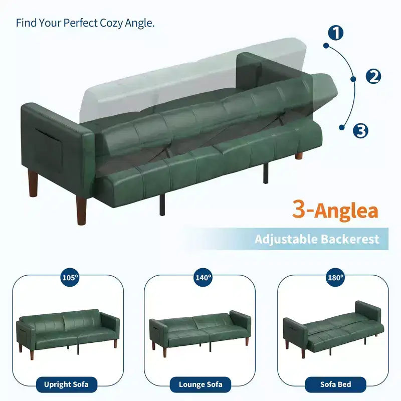 Faux Leather Futon Sofa Bed, Black/Green, Mid-Century Style, Seats 4, Converts to Twin Sleeper