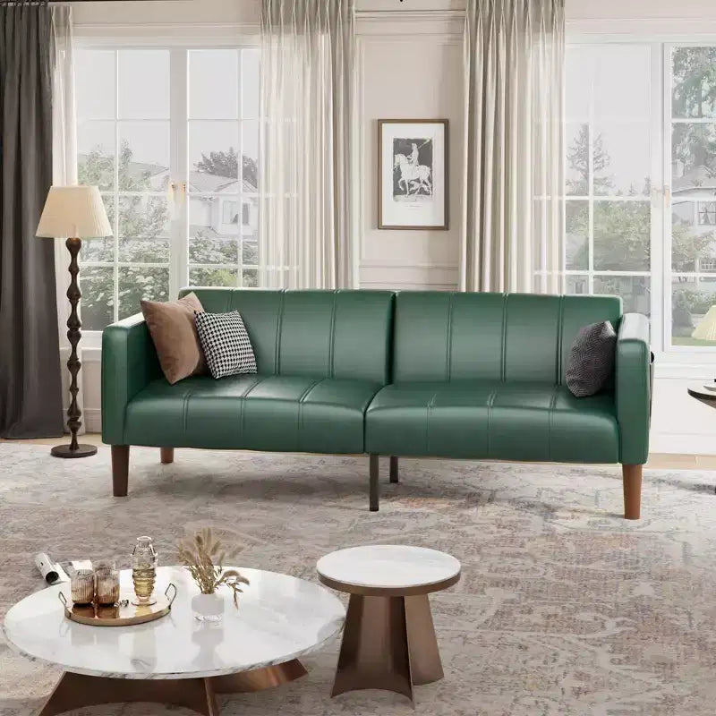 Faux Leather Futon Sofa Bed, Black/Green, Mid-Century Style, Seats 4, Converts to Twin Sleeper