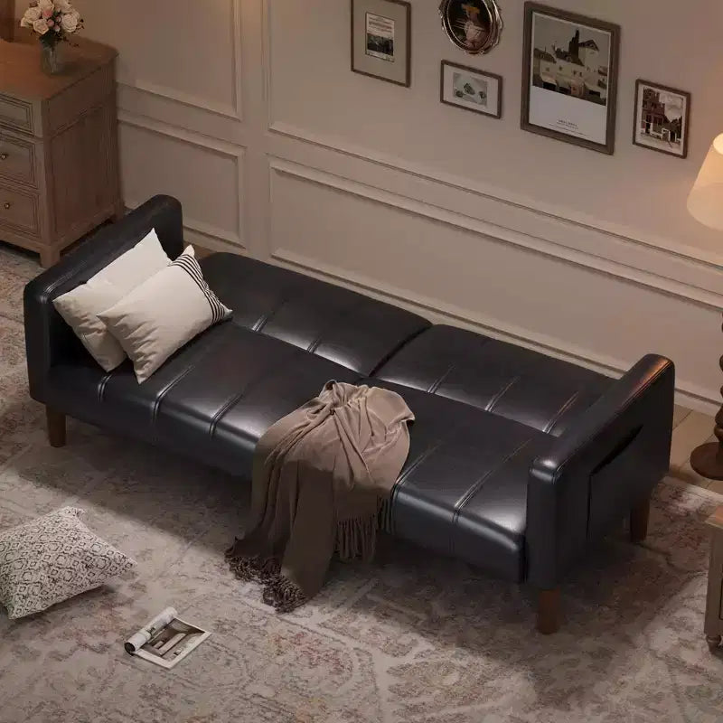 Faux Leather Futon Sofa Bed, Black/Green, Mid-Century Style, Seats 4, Converts to Twin Sleeper
