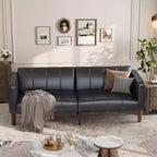 Faux Leather Futon Sofa Bed, Black/Green, Mid-Century Style, Seats 4, Converts to Twin Sleeper