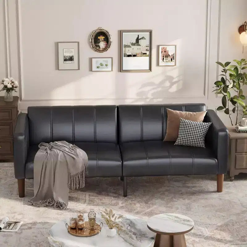 Faux Leather Futon Sofa Bed, Black/Green, Mid-Century Style, Seats 4, Converts to Twin Sleeper
