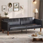 Faux Leather Futon Sofa Bed, Black/Green, Mid-Century Style, Seats 4, Converts to Twin Sleeper