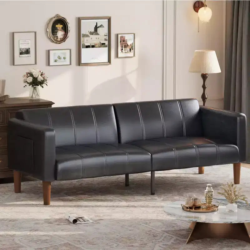 Faux Leather Futon Sofa Bed, Black/Green, Mid-Century Style, Seats 4, Converts to Twin Sleeper