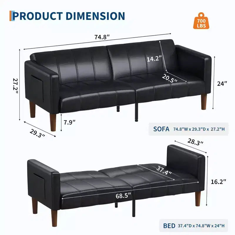 Faux Leather Futon Sofa Bed, Black/Green, Mid-Century Style, Seats 4, Converts to Twin Sleeper