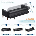 Faux Leather Futon Sofa Bed, Black/Green, Mid-Century Style, Seats 4, Converts to Twin Sleeper