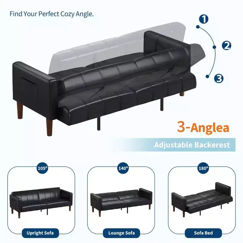 Faux Leather Futon Sofa Bed, Black/Green, Mid-Century Style, Seats 4, Converts to Twin Sleeper