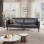 Faux Leather Futon Sofa Bed, Black/Green, Mid-Century Style, Seats 4, Converts to Twin Sleeper