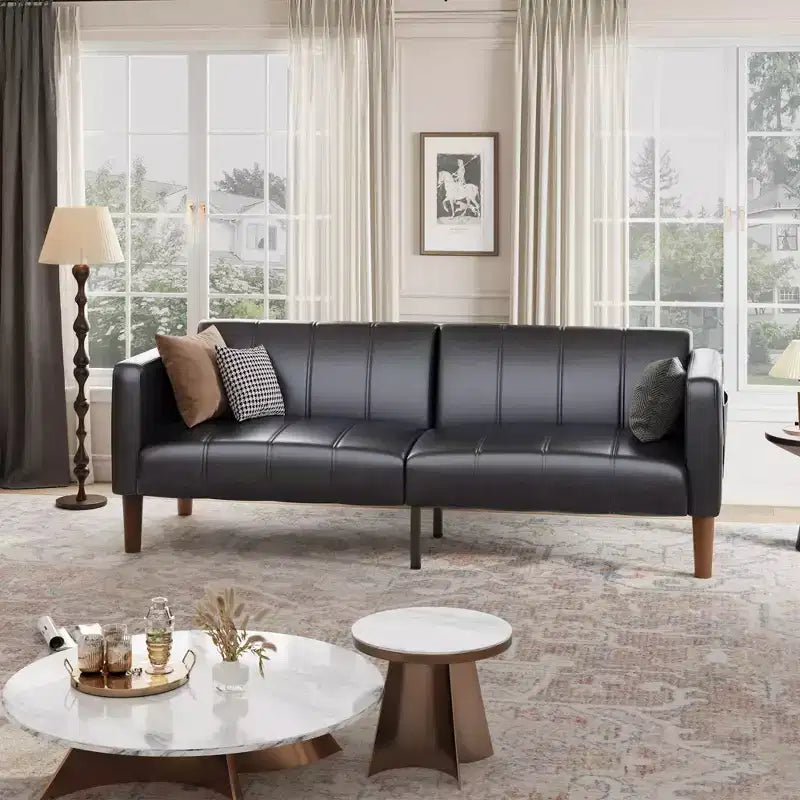 Faux Leather Futon Sofa Bed, Black/Green, Mid-Century Style, Seats 4, Converts to Twin Sleeper