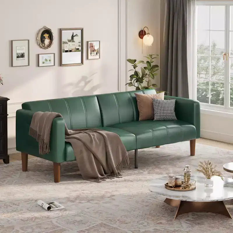 Faux Leather Futon Sofa Bed, Black/Green, Mid-Century Style, Seats 4, Converts to Twin Sleeper