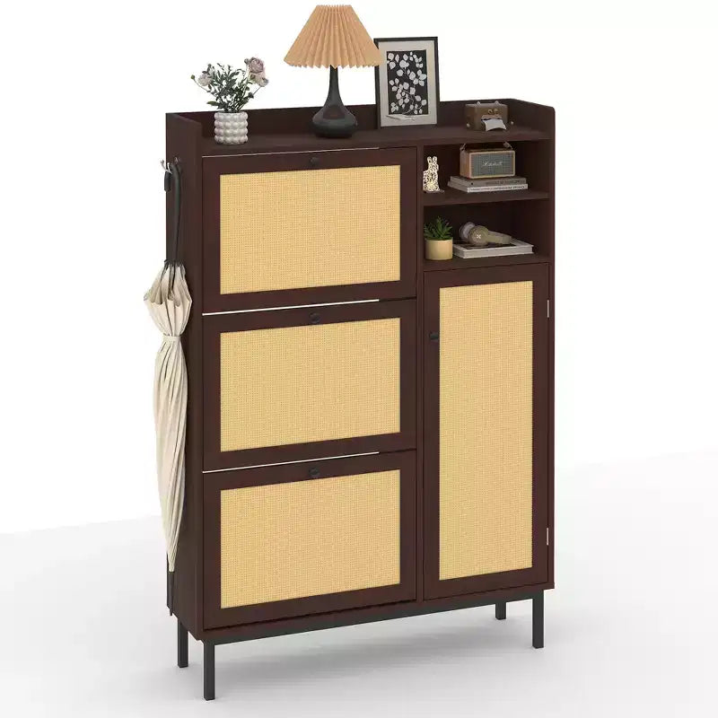 Black / Brown / Khaki Rattan Shoe Cabinet, Freestanding, 3 Flip Drawers + 5 Shelves, Up to 30 Pairs