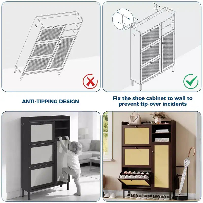 Black / Brown / Khaki Rattan Shoe Cabinet, Freestanding, 3 Flip Drawers + 5 Shelves, Up to 30 Pairs