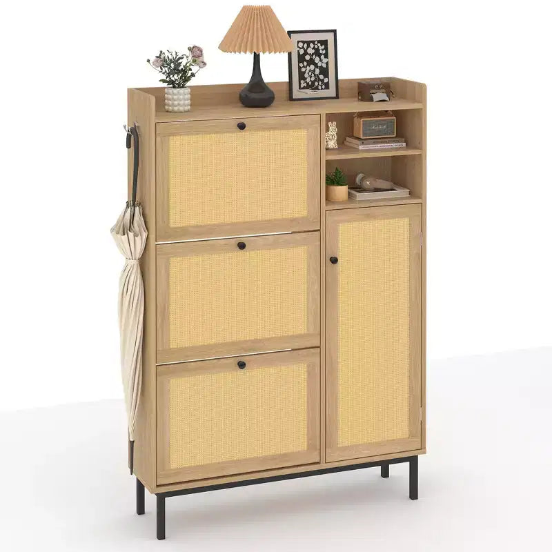 Black / Brown / Khaki Rattan Shoe Cabinet, Freestanding, 3 Flip Drawers + 5 Shelves, Up to 30 Pairs