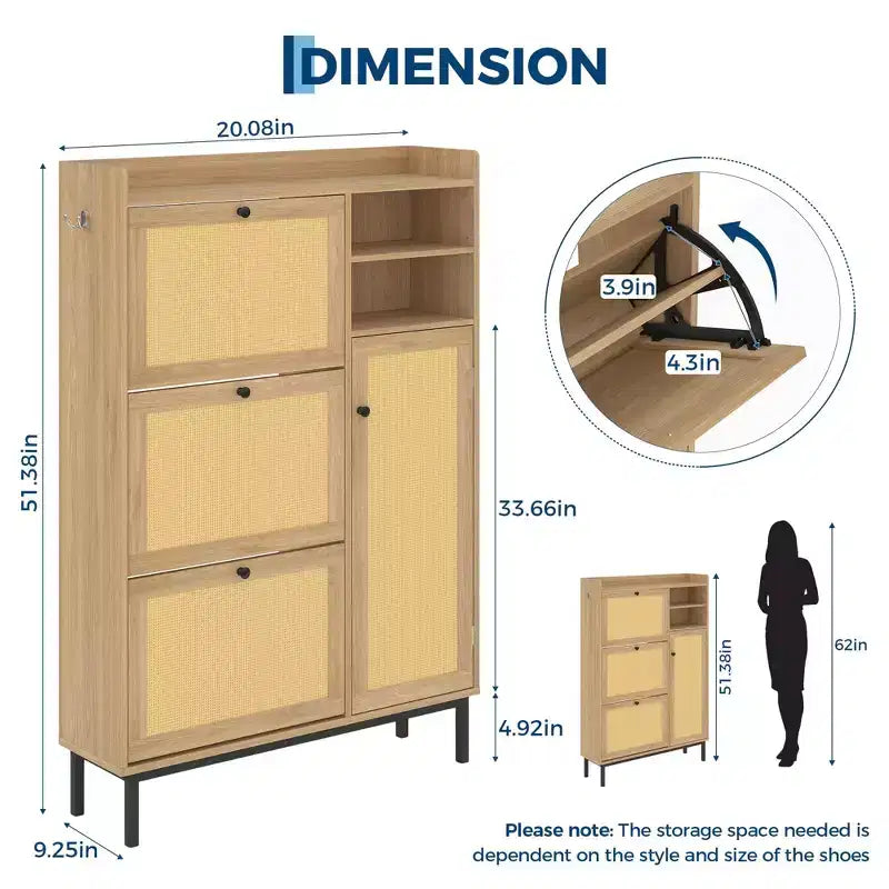 Black / Brown / Khaki Rattan Shoe Cabinet, Freestanding, 3 Flip Drawers + 5 Shelves, Up to 30 Pairs