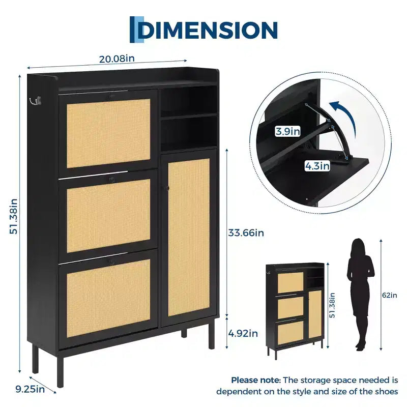 Black / Brown / Khaki Rattan Shoe Cabinet, Freestanding, 3 Flip Drawers + 5 Shelves, Up to 30 Pairs