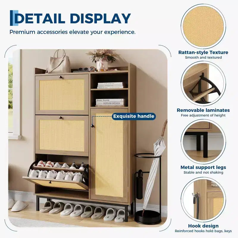 Black / Brown / Khaki Rattan Shoe Cabinet, Freestanding, 3 Flip Drawers + 5 Shelves, Up to 30 Pairs