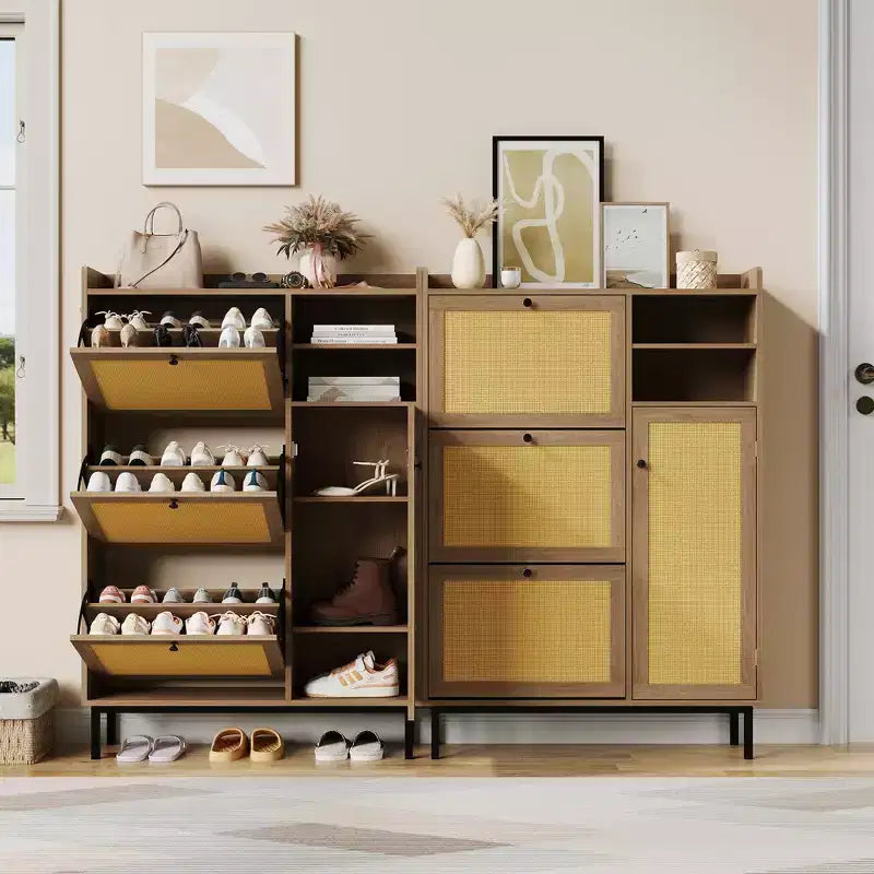 Black / Brown / Khaki Rattan Shoe Cabinet, Freestanding, 3 Flip Drawers + 5 Shelves, Up to 30 Pairs