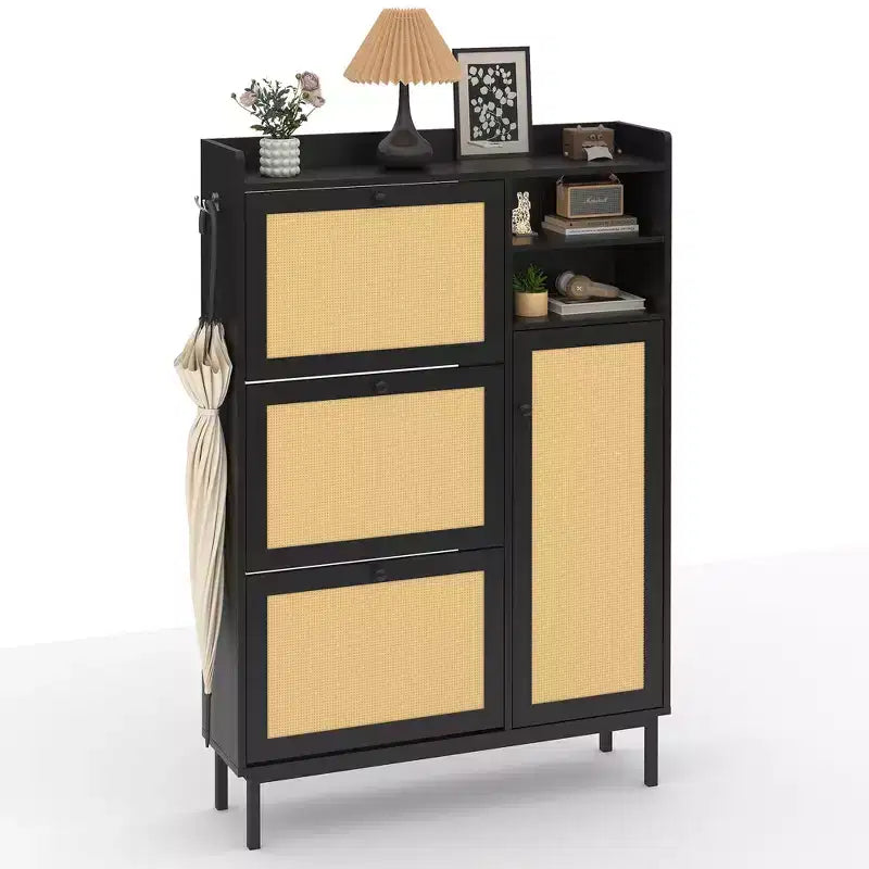Black / Brown / Khaki Rattan Shoe Cabinet, Freestanding, 3 Flip Drawers + 5 Shelves, Up to 30 Pairs
