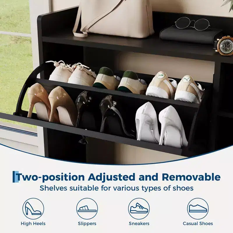 Black / Brown / Khaki Rattan Shoe Cabinet, Freestanding, 3 Flip Drawers + 5 Shelves, Up to 30 Pairs