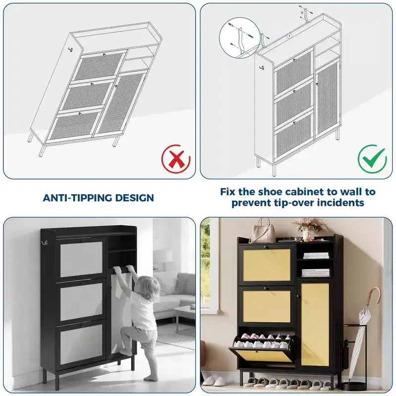 Black / Brown / Khaki Rattan Shoe Cabinet, Freestanding, 3 Flip Drawers + 5 Shelves, Up to 30 Pairs