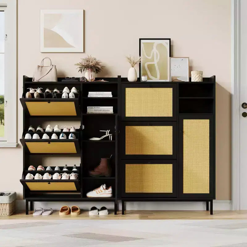 Black / Brown / Khaki Rattan Shoe Cabinet, Freestanding, 3 Flip Drawers + 5 Shelves, Up to 30 Pairs
