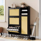Shoe Storage Cabinet for Entryway,Freestanding Shoe Cabinet with 3 Flip Drawers and 5 Tier Shelves, Natural Rattan Shoe Organizer Storage