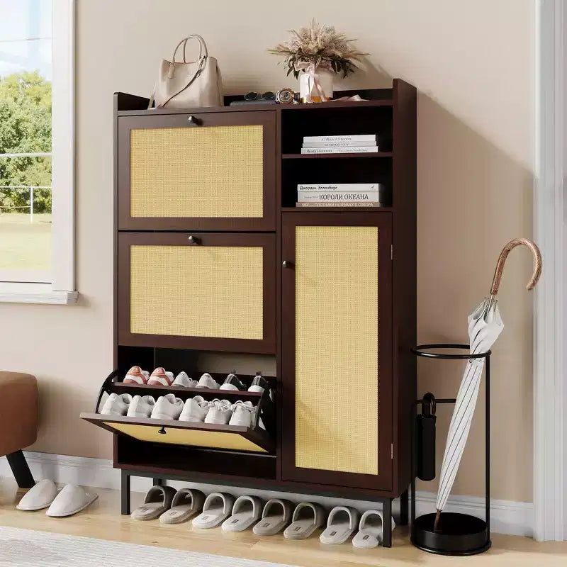 Black / Brown / Khaki Rattan Shoe Cabinet, Freestanding, 3 Flip Drawers + 5 Shelves, Up to 30 Pairs