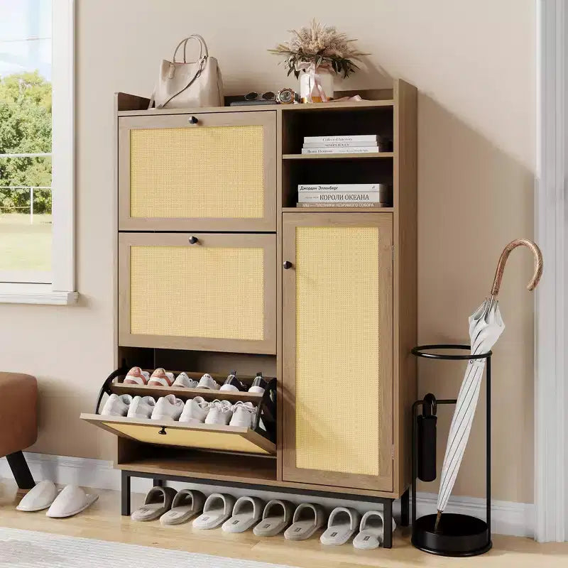 Black / Brown / Khaki Rattan Shoe Cabinet, Freestanding, 3 Flip Drawers + 5 Shelves, Up to 30 Pairs