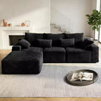 MooxvMoo 107.5 Boneless Couch with Chaise & Throw Pillow, Plush Corduroy Compressed Sectional Sofa, No Assembly Required, Black