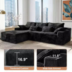 Black Corduroy L-Shaped Sectional Sofa, 3-Seat, 2-Piece