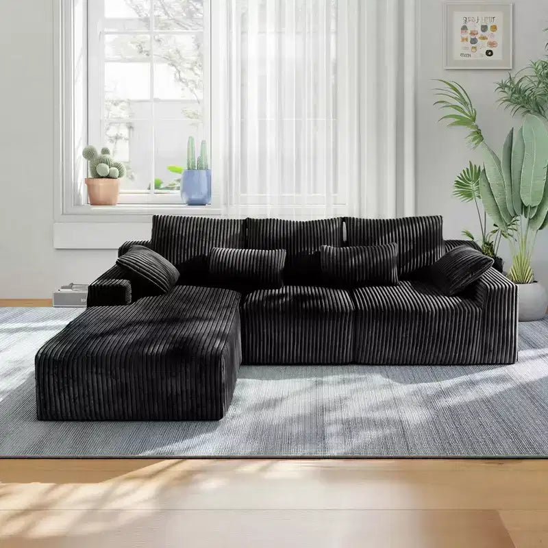 Black Corduroy L-Shaped Sectional Sofa, 3-Seat, 2-Piece