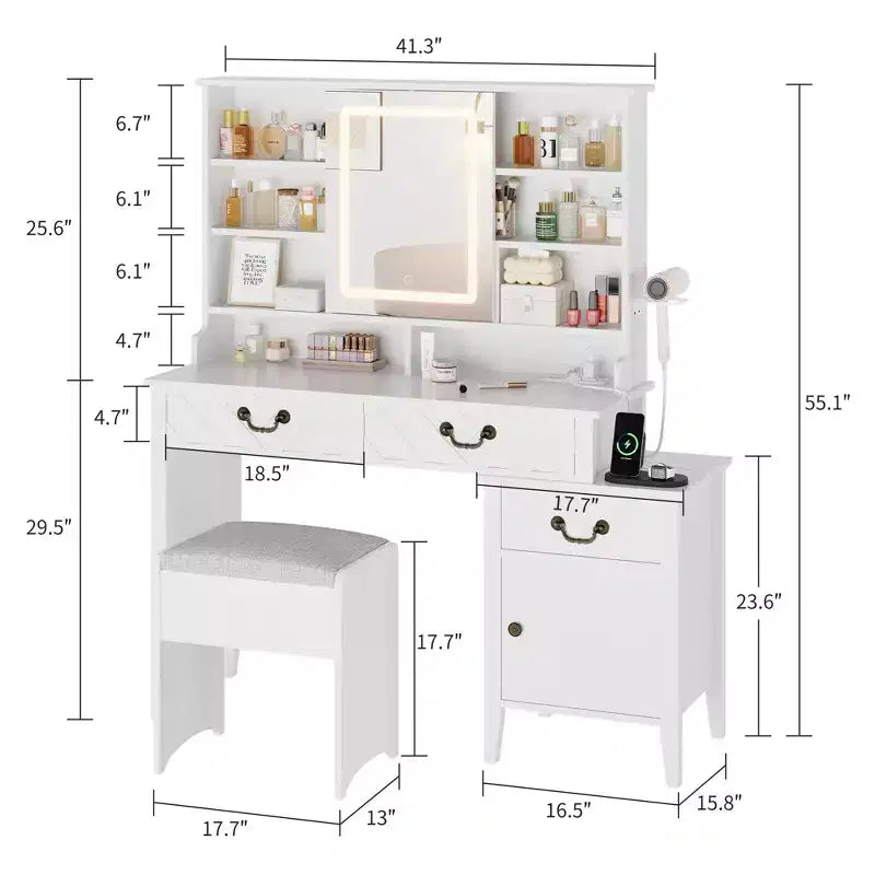 White Vanity Desk with Sliding Mirror, LED Lights & Stool – 1-Person, Modern Style
