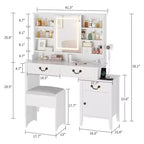 White Vanity Desk with Sliding Mirror, LED Lights & Stool – 1-Person, Modern Style