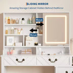 White Vanity Desk with Sliding Mirror, LED Lights & Stool – 1-Person, Modern Style