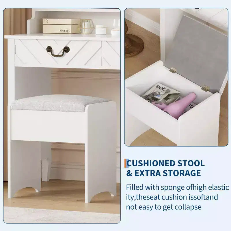 White Vanity Desk with Sliding Mirror, LED Lights & Stool – 1-Person, Modern Style