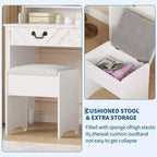 White Vanity Desk with Sliding Mirror, LED Lights & Stool – 1-Person, Modern Style