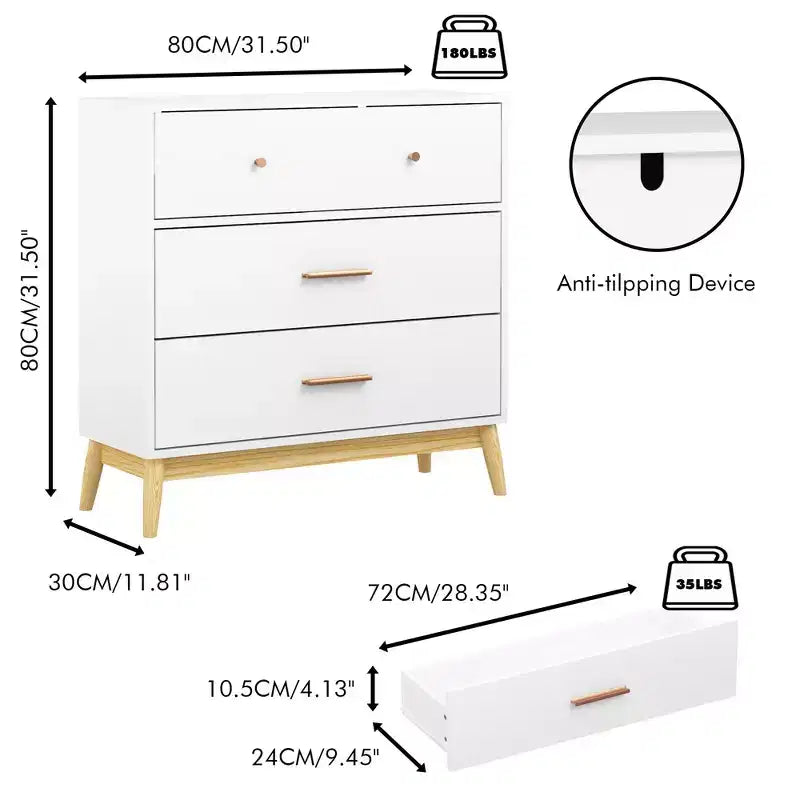 White 3-Drawer Storage Cabinet with Rose Gold Handles – MDF, Single