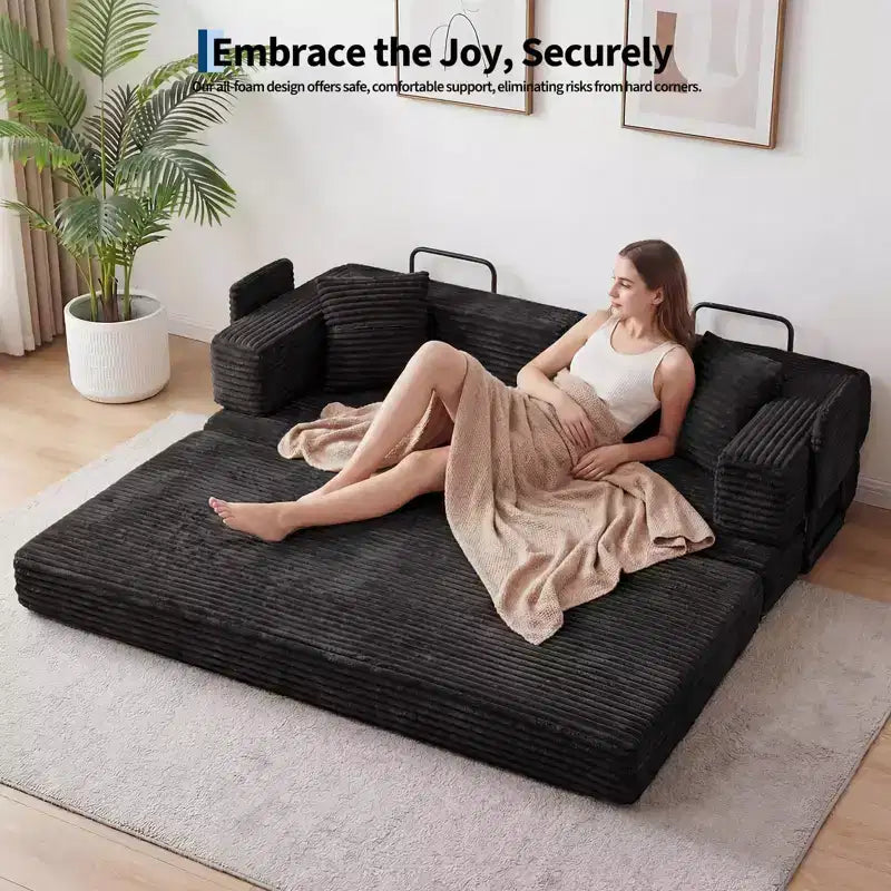 Corduroy 5-in-1 Convertible Sofa Bed, Folding Floor Couch, Seats & Sleeps 2