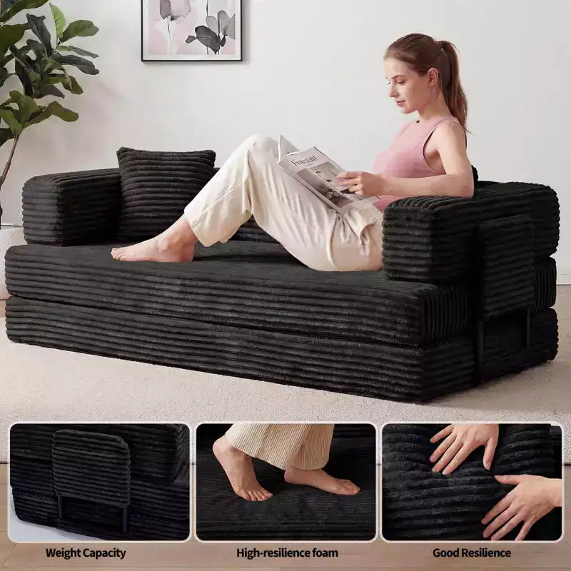 Corduroy 5-in-1 Convertible Sofa Bed, Folding Floor Couch, Seats & Sleeps 2