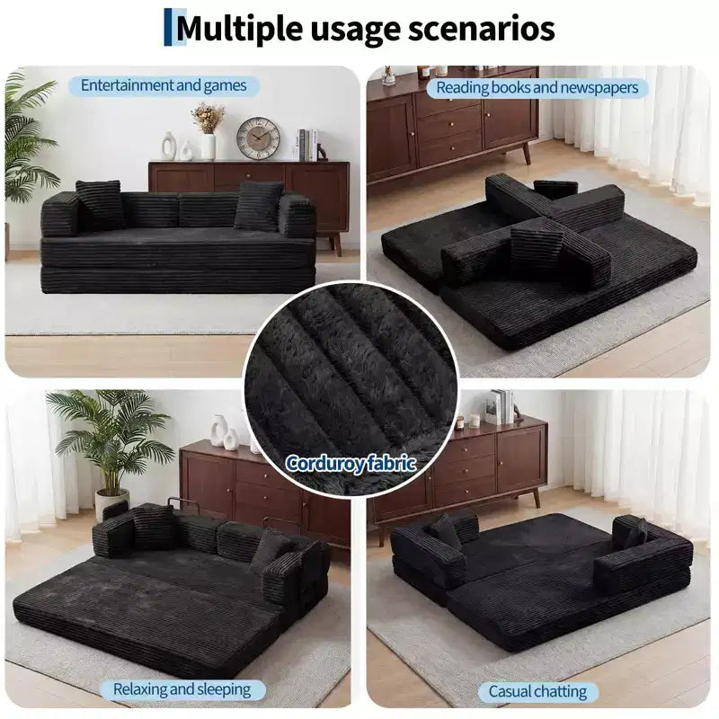 Corduroy 5-in-1 Convertible Sofa Bed, Folding Floor Couch, Seats & Sleeps 2