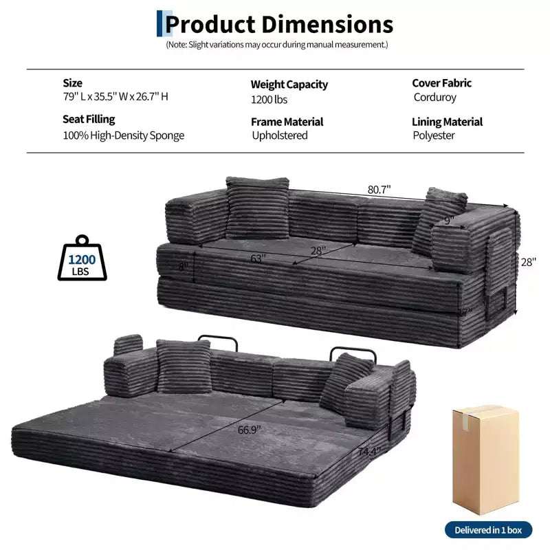 Corduroy 5-in-1 Convertible Sofa Bed, Folding Floor Couch, Seats & Sleeps 2