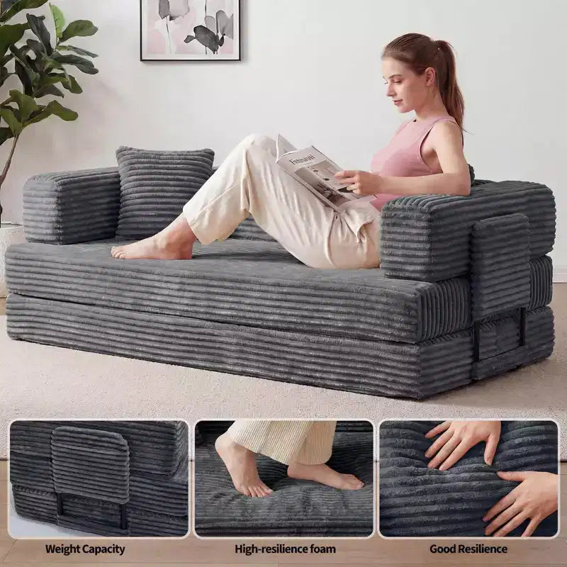 Corduroy 5-in-1 Convertible Sofa Bed, Folding Floor Couch, Seats & Sleeps 2
