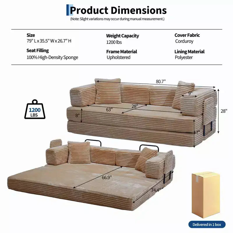 Corduroy 5-in-1 Convertible Sofa Bed, Folding Floor Couch, Seats & Sleeps 2