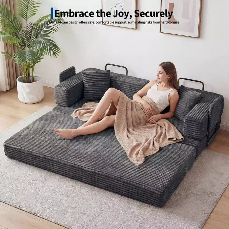 Corduroy 5-in-1 Convertible Sofa Bed, Folding Floor Couch, Seats & Sleeps 2