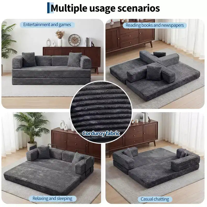 Corduroy 5-in-1 Convertible Sofa Bed, Folding Floor Couch, Seats & Sleeps 2