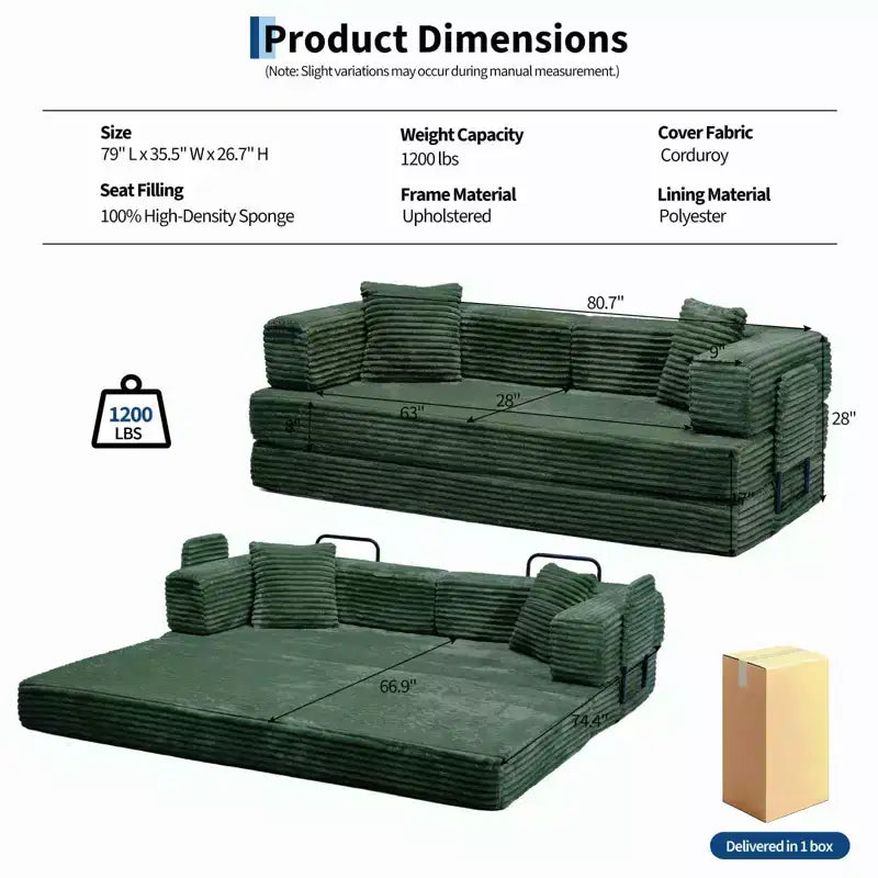 Corduroy 5-in-1 Convertible Sofa Bed, Folding Floor Couch, Seats & Sleeps 2