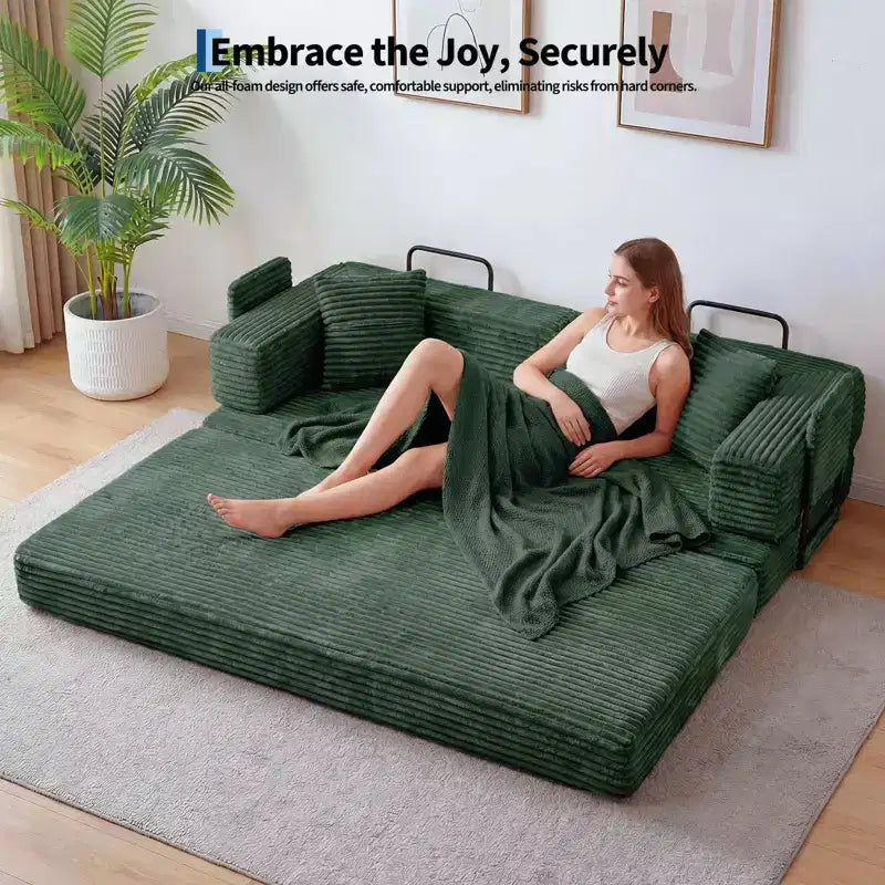 Corduroy 5-in-1 Convertible Sofa Bed, Folding Floor Couch, Seats & Sleeps 2